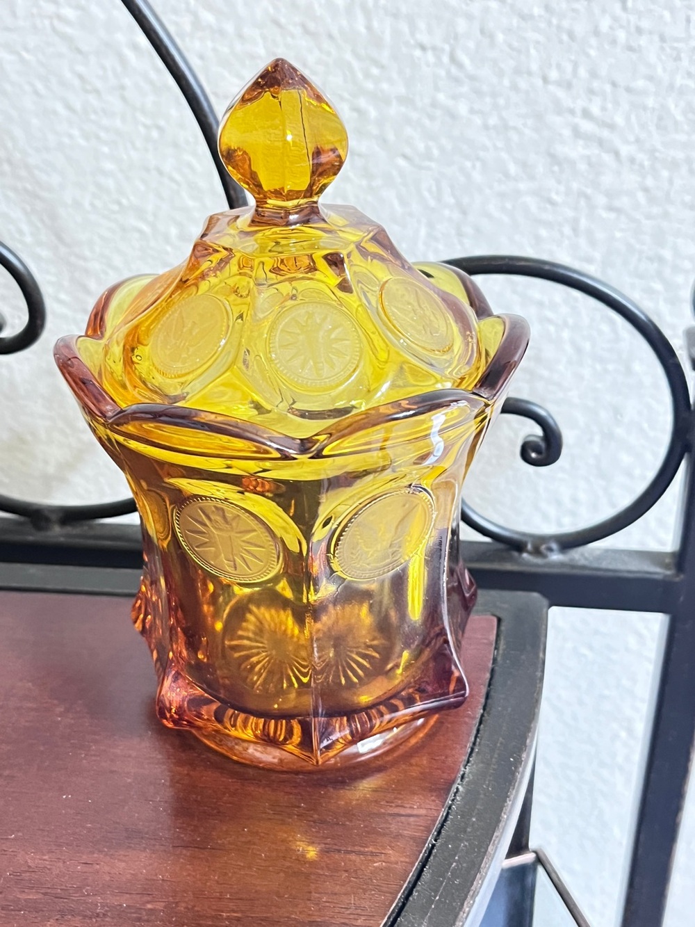 Amber Fostoria Coin Medallions Lidded Candy Dish